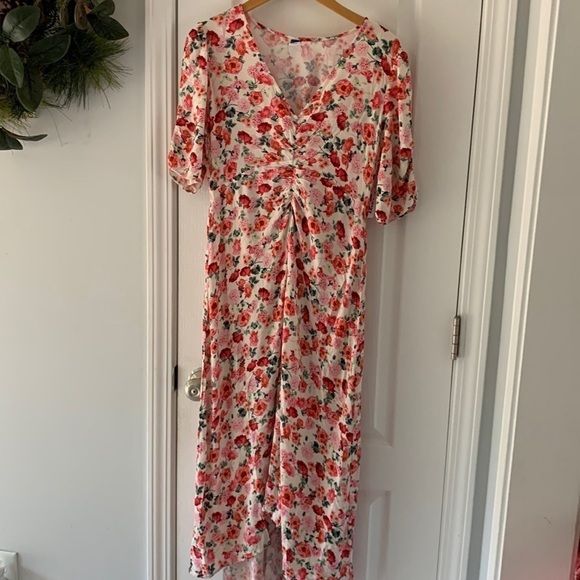 Floral Puff-Sleeve V-Neck Crepe Midi Dress for Women size M Old Navy cottage - Picture 10 of 13